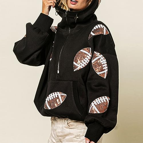 Xunger Women's Football Sequin Hoodie Half Zip Long Sleeve Rugby Patches Game Day Hooded Sweatshirt2