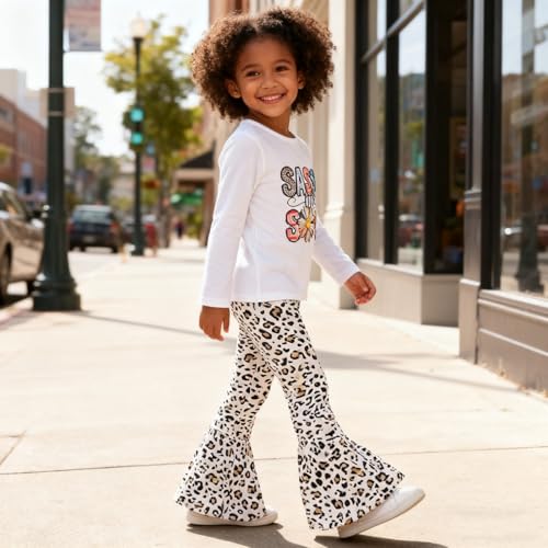 Image of Toddler Girl Clothes Long Sleeve Cartoon & Letter Graphic Top + Fruit Stationery Print Flared Leg Pants
