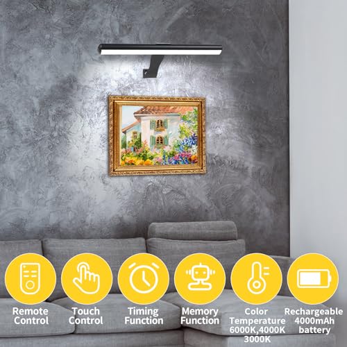 Image of Led Picture Light Rechargeable Painting Light with Remote, 16 inch Full Metal Art Light Display Lamp with Brightness Dimmable Timer Off for Pictures Painting Darboard Gallery Frame