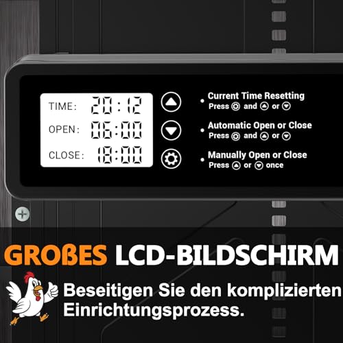 INNOLAND Automatische Hühnerklappe - Große mit Zeit/Handmodus Einklemmschutz, elektrische Hühnerklappe automatisch, Aluminiumlegierung Hühnertür | Wasserdicht Großes Display | Batteriewarnung