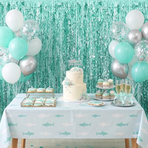 Image of TONIFUL 2Pcs Mint Green Blue Metallic Foil Fringe Curtain Laser Streamers | 3.3ftx6.6ft Ocean Themed Birthday Photo Booth Backdrop Door Streamer for Bachelorette Baby Shower Summer Pool Beach Party
