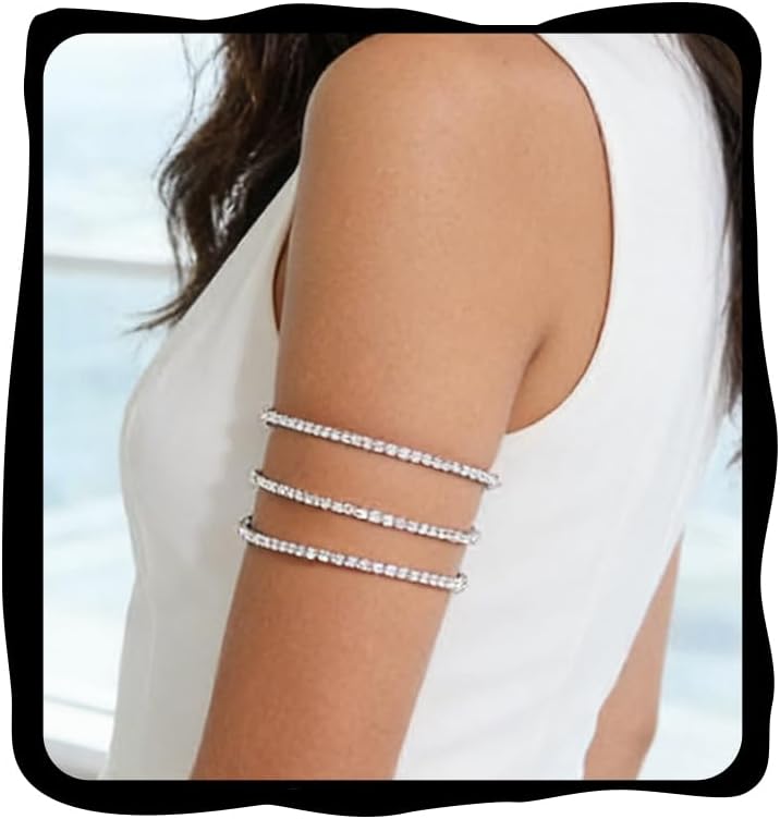 3 Layered Rhinestone Arm Cuff Upper for Women Silver Arm Cuff | Rhinestone Arm Zirconia Cuff Upper Silver Shiny Bangle Bracelet Adjustable Arm Bracelet Crystal Upper Arm Bling Arm Jewelry