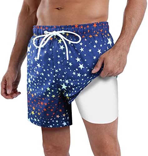 QRANSS Swim Trunks Men 5'' with Compression Lining 2 in 1 Stars Swimming Shorts Bathing Trunks Swimwear Boardshorts with Boxer Brief Liner Size 36-38 Large