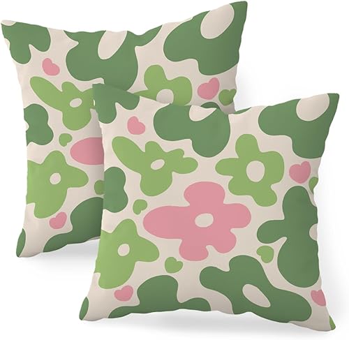 HONLUNG Juego de 2 fundas de almohada bohemias con flores verdes y rosas, estilo retro de los años 70, 18 x 18 pulgadas, decoración del hogar,
