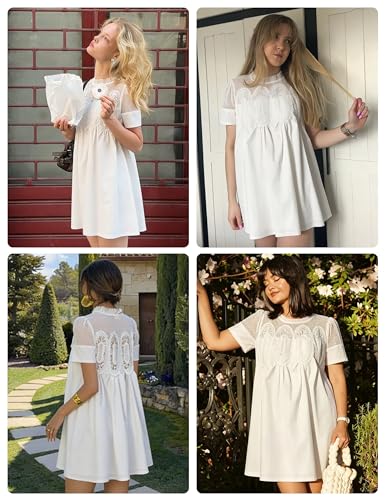 Image of Shiyifa Womens Babydoll Lace Patchwork Dresses Summer Short Sleeve Ruffle Sundress Loose Crew Neck A-Line Dresses