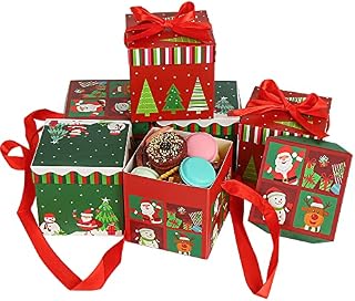 LOKIPA Small Christmas Gift Boxes,6 Collapsible Folded Christmas Candy Sweet Present Boxes with Ribbon for Christmas Kids Party