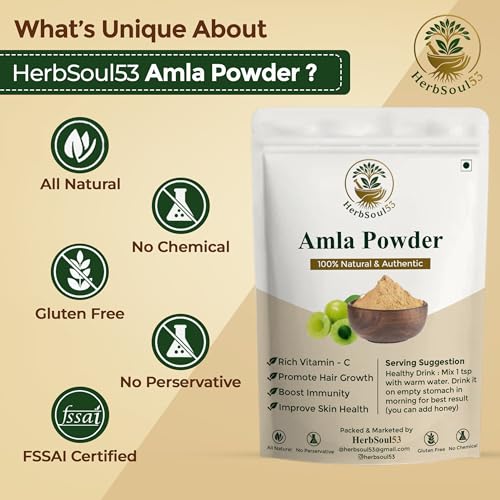 Image of HerbSoul53 Amla Powder For Hair Growth - Vitamin C Rich Pure Indian Gooseberry Churna | Superfood Ayurvedic Powder for Immunity, Drinking, Eating & Skin Health | Chemical & Preservative Free (200 Gram)