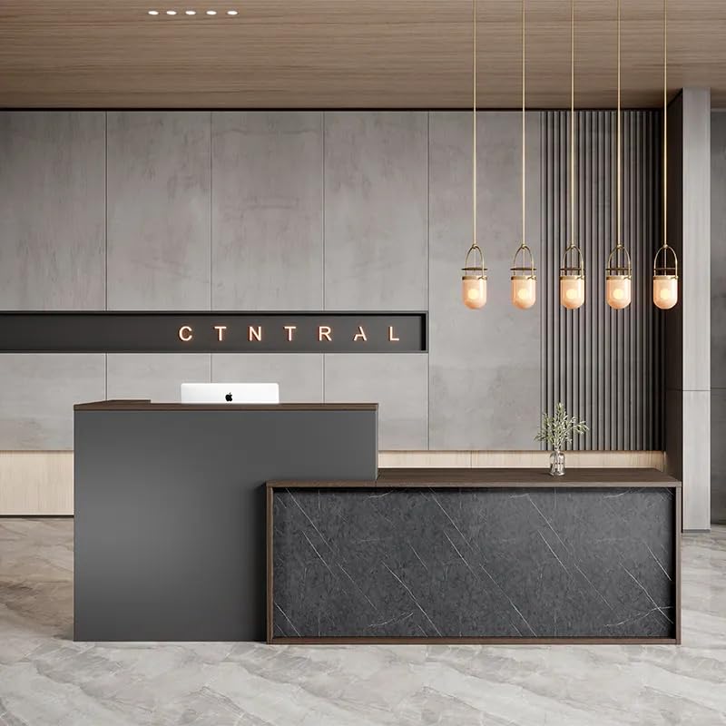 Image of Modern Reception Desk for Office, Luxury Wooden Reception Counter with Marble Finish, Front Table for Workspace, Lobbies, Salons, Hotels, clinics, Schools - (RCT-82 LPB L8W2)