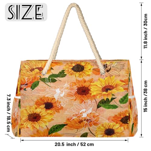 Large Beach Tote Bags for Women Sunflower Retro Flower Waterproof Sandproof Shoulder Bags Swim Pool Purse with Zipper Beach Vacation Essentials for Summer Swim Pool Travel Gifts2