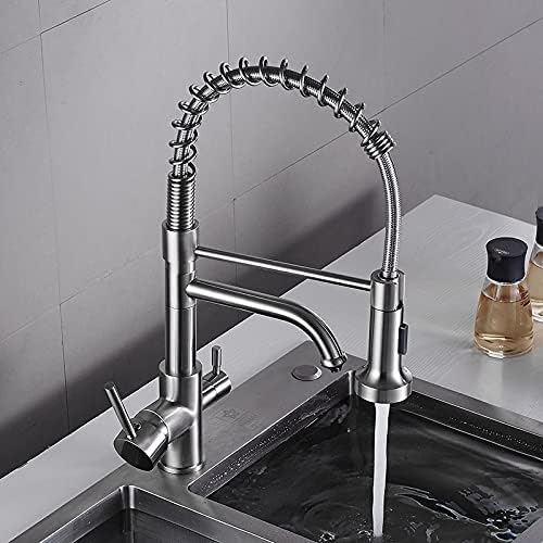 Kitchen Sink Faucet for Bar Farmhouse Commercial, Chrome Spring Pull Down Kitchen Dual Spouts 360 Swivel Handheld Shower Kitchen Mixer, Hot Cold 2 Outlet Spring Taps(Nickel)
