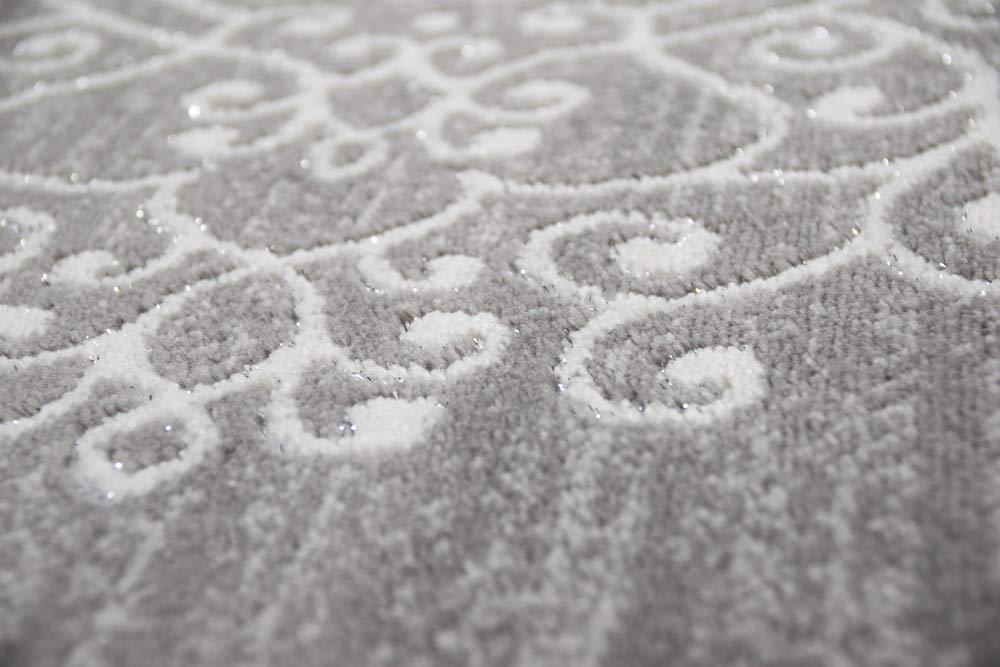 Merinos Moderner Teppich Orientteppich Ornamente mit Glitzergarn in Grau Creme Größe 80 x 300 cm