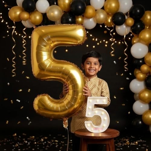 Image of Balloonistics Gold 40-Inch Foil Number 5 Balloon with Matching LED Marquee Light - Combo Set for 5th Birthday, Anniversary, Party Decoration, Milestone Celebrations, Photo Booth Backdrop