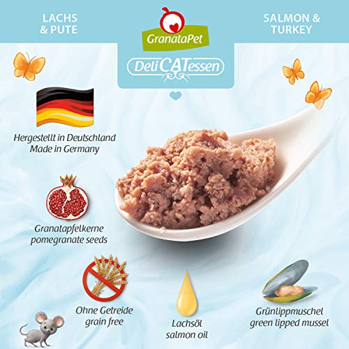 GranataPet DeliCatessen Lachs & Pute, Nassfutter für Katzen, Katzenfutter für Feinschmecker, Futter ohne Getreide & ohne Zuckerzusätze, 6 x 400 g