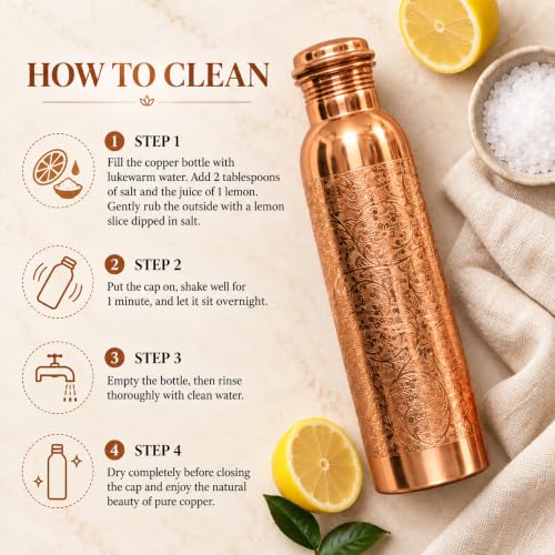 Image of Copper-Master Pure Copper Water Bottle 1L & 2 Glasses Set, Floral Etched