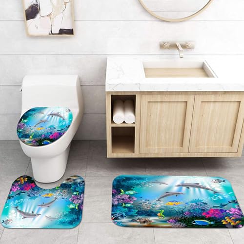 Rideau de douche dauphin polyester poisson rideaux de bain avec tapis - 5