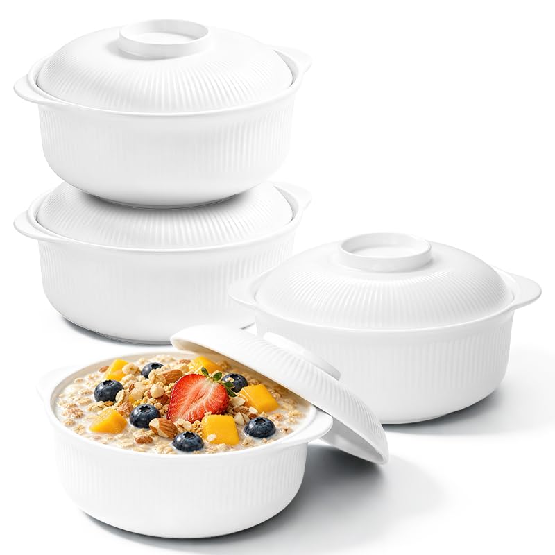 Image of White 40oz Cereal Bowls with lid set of 4,Microwave Safe,Family&Camping