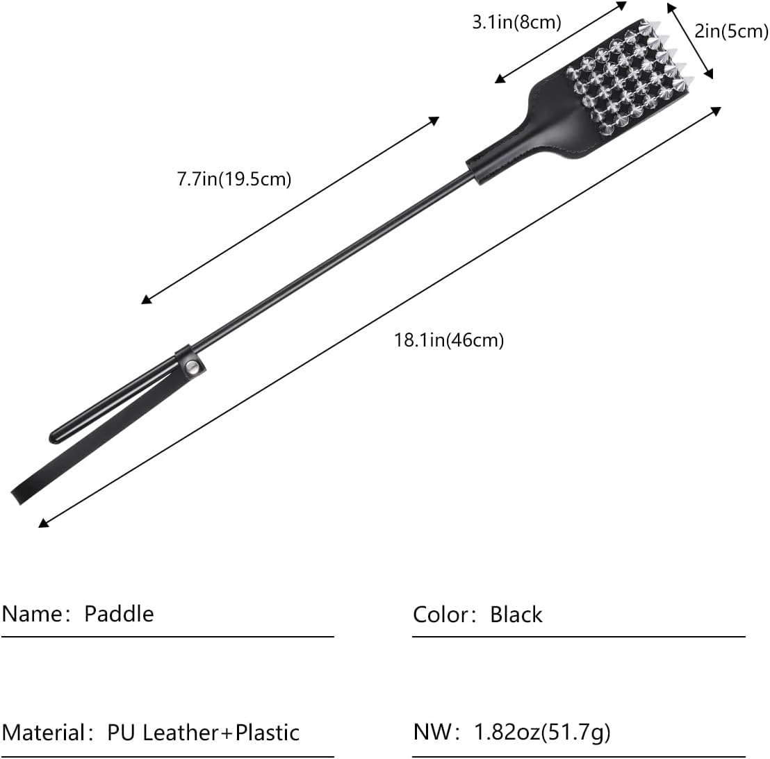 16'' Riding Crop for Sex Play Leather Spanking Paddle with Metal Rivets Decorations Studded Square Horse Crop for Equestrian Horses Training (Black)