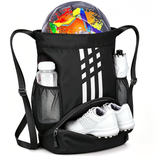 Image of Soccer Bag, Youth Drawstring Backpack for Volleyball Basketball Sports | with 1 Shoes Compartment 1 Wet&Dry Pocket 2 Side Mesh Pockets 2 Zipper Pockets Bag for Gym Training Swimming Back to School