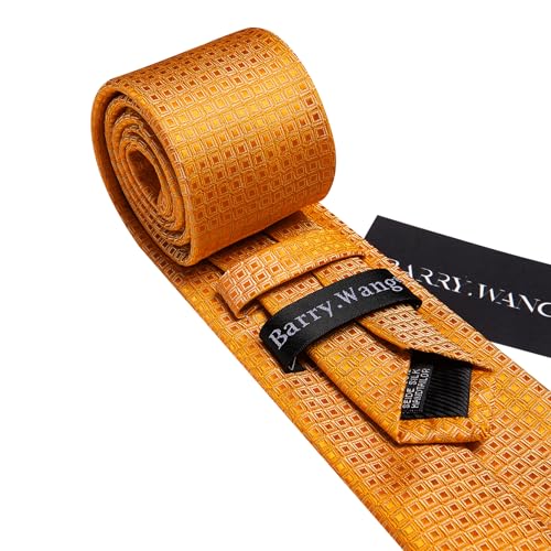 Image of Barry.Wang Classic Mens Ties Plaid Silk Necktie Pocket Square Cufflinks Set Woven Designer Wedding Business