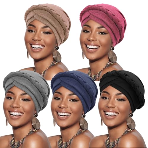 Image of DRESHOW African Women Turban Caps Beanie Twist Headscarf Pre-Tied Twisted Braid Headwraps for Women Chemo Cancer Cap
