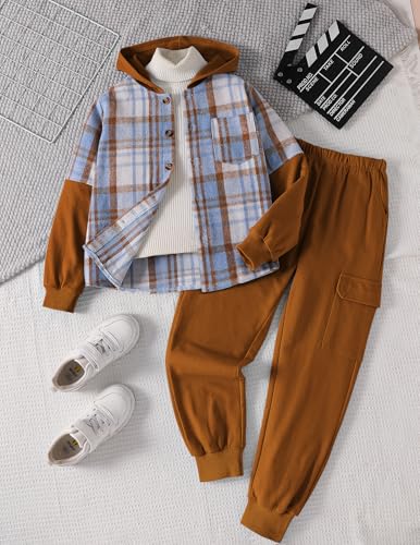 Image of 2Pcs Boys Clothes Sweatsuit Set Hoodie Flannel Plaid Shirt and Jogger Pants for Kids Fall Winter Spring Outfits