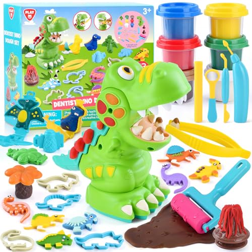 PLAY Dinosaur Clay Sets for Ages Kids 4-8 - Color Dough Toys with Dentist Play Set 15 Dough Tool Set with Volcano Dinosaur Footprint Roller and Tree 2 oz Cans/6 Total Multicolor