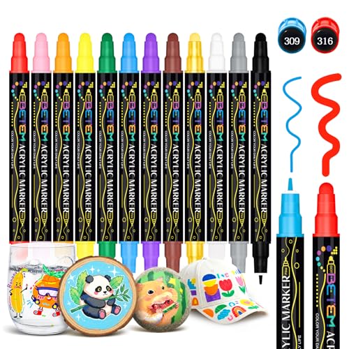 Betem 12 Colors Dual Tip Acrylic Paint Markers, Fabric Decorating Kits Premium Water-Based Acrylic Paint Pens Art Supplies for Fabric, Rock, Wood, Glass, Canvas, Ceramic, Teacher Appreciation Gift