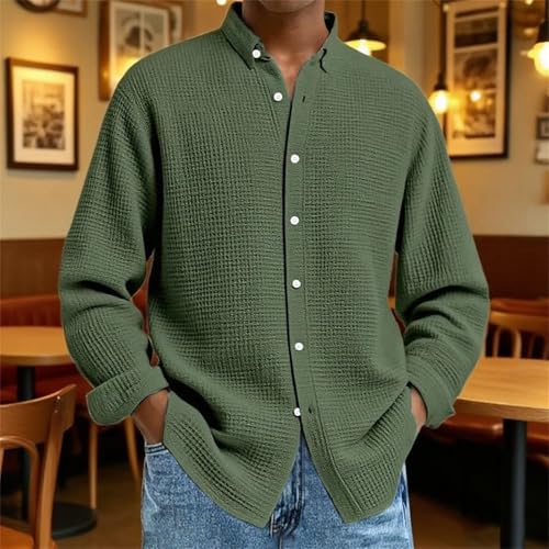 Mokaloha Mens Long Sleeve Shirts Waffle Men Casual Solid Color Waffle Button Long Sleeve Classic Comfortable Collared Shirt4