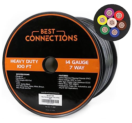 BEST CONNECTIONS 7 Way Trailer Wire (100 Feet) Heavy Duty 14 Gauge 7 Conductor Insulated Cable Durable Weatherproof Color-Coded 7 Way Wiring Extension for RV and Automotive