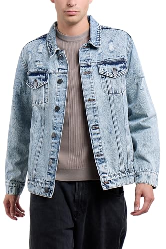 Image of X RAY Mens Denim Jacket, Washed Ripped Distressed Flex Stretch Casual Trucker Biker Jeans Jacket for Men