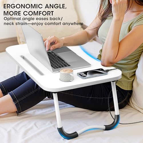 Image of Folding Lap Desk, 23.6 Inch Wood Laptop Bed Desk with Cup Holder, Portable Bed Table for Working Writing Reading, Eating for Bed, Floor, Sofa, Couch - White