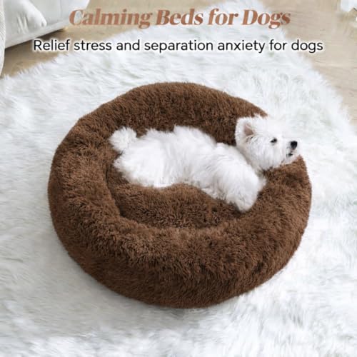 Image of ZEXSAZONE Plush Donut Dog Bed for Dogs & Cats | Soft Calming Anti-Anxiety Pet Bed | Warm Cozy Winter Dog Bed for Puppies | Washable Round Bed (Brown Small)