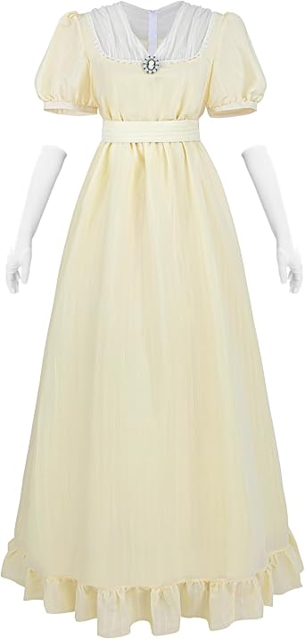 NSPSTT Regency Dress Regency Dresses for Women Puff Sleeves Empire Waist Victorian Dresses Renaissance Dress Abendkleid with Gloves
