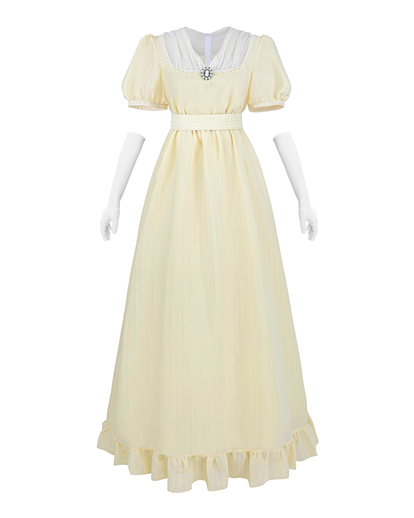 Regency - Vestido de verano para mujer, estilo imperio, con cinturón y broche en el pecho, para cosplay, con guantes