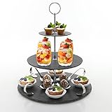 3 Tier Black Slate Tea Party Server with 4 sets of Glasses, Ceramic Bowls & Appetizer Spoon Dish, Cupcake Dessert Stand