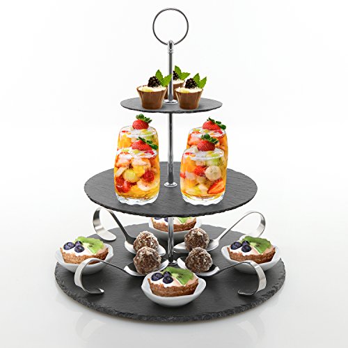 3 Tier Black Slate Tea Party Server with 4 sets of Glasses, Ceramic Bowls & Appetizer Spoon Dish, Cupcake Dessert Stand