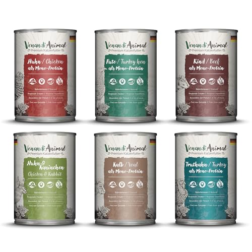Venandi Animal Premium cibo umido per gatti, confezione di prova III, pollo, tacchino, manzo, pollo + coniglio, vitello, tacchino, 6 x 400 g, senza cereali e naturale, 2.4 kg