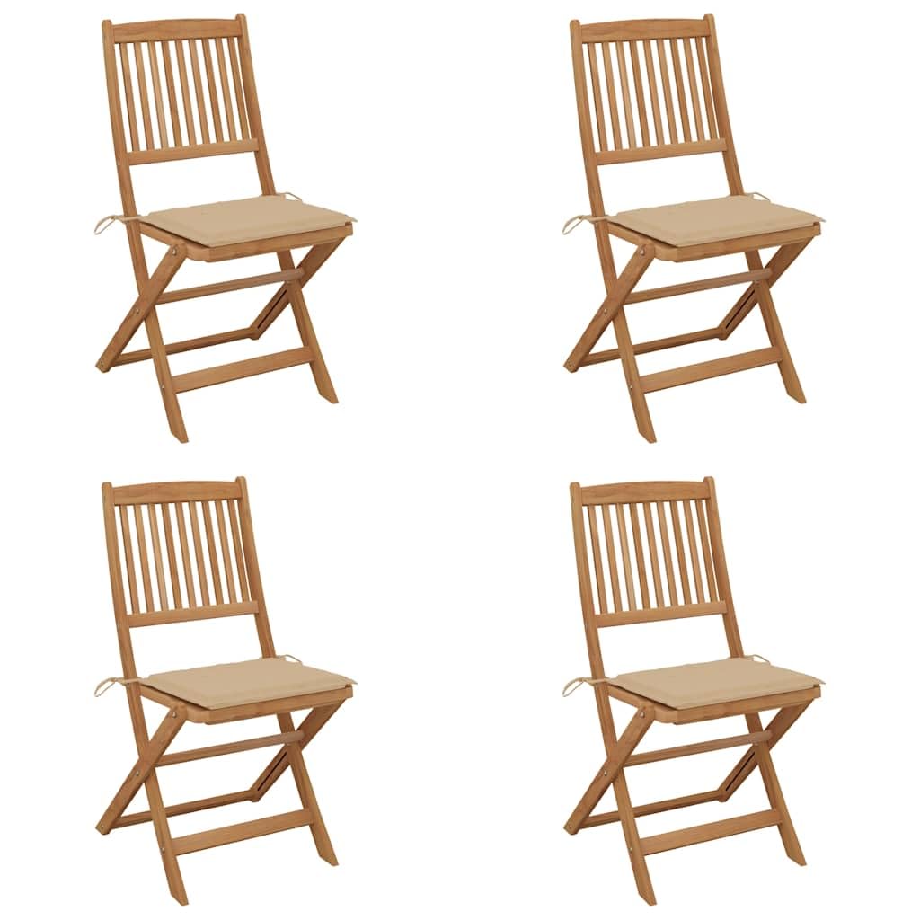 Chaises pliables de jardin en acacia avec coussins beige, gain de place extérieur