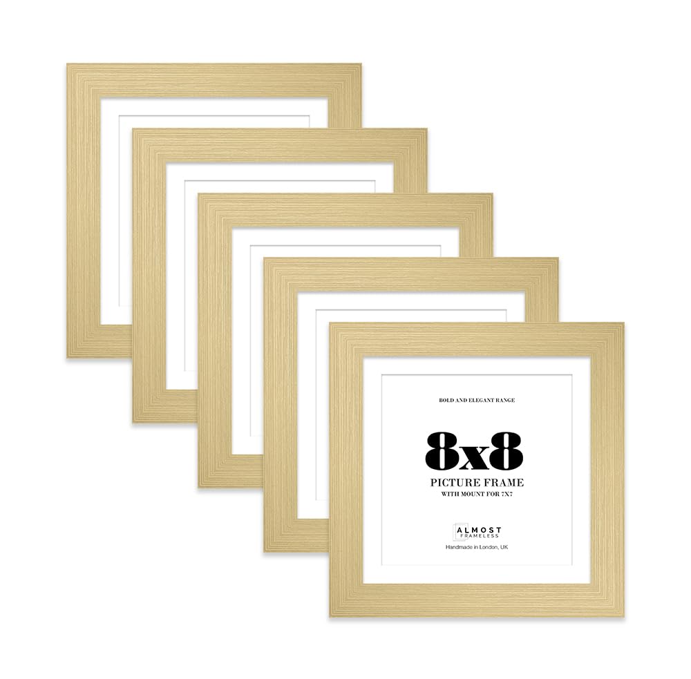 8x8" Gold Square Frame With Mount for 7x7" Pictures 28mm Edge Frame Display with Wall Hooks and Kickstand, 5 Pack