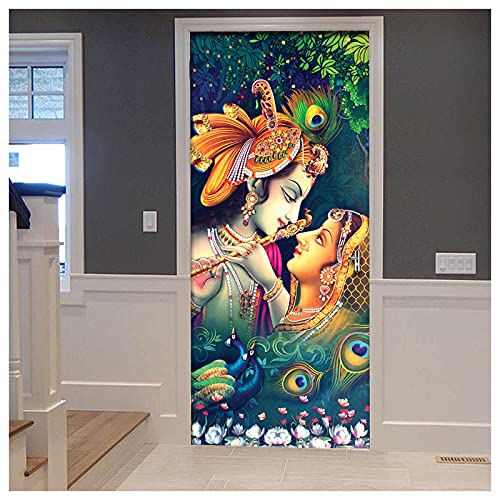 Creative Print Solution Radha Krishna Peacock Design Door Self-Adhesive Sticker Wallpaper For Door, Almirah, Table, Ac, Fridge Size 30X78 Inch