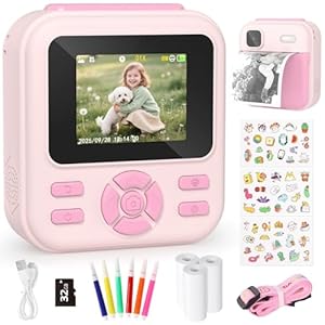 YOHOOLYO 2, 4 Zoll Kinderkamera Sofortbildkamera 1080P HD Sofortbildkamera Kinder mit 3 Rollen Druckpapier 32GB Karte Farbigen Stiften Aufkleber Geschenke für Jungen und Mädchen 3-12 Jahre (Rosa)