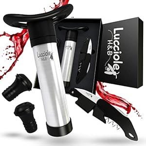 Wine Saver Vacuum Pump + 2 Bottle Stoppers + 1 Corkscrew with 2 speeds – Stainless Steel Wine Pump – Thermoplastic…