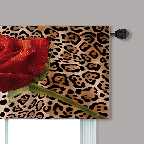Leopard Valance, Red Rose Mix Wild Animal Leopard Cheetah Print, Bathroom Sunshade Energy Saving Curtain Layer, 1 Panels:42" X 18" Red #TOP1