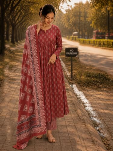 Image of ANNI Designer Women's Rayon Viscose Anarkali Kurta Set with Pant and Dupatta | Stylish Long Kurti Dress for Festive, Party, and Ethnic Wear