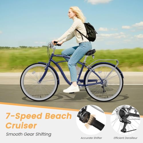 Image of Beach Cruiser Bike for Women and Men, 24 /26 Inch 7-Speed Adult Bicycle