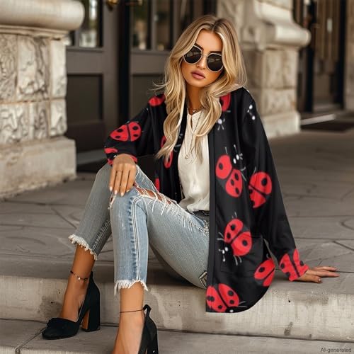 Image of Forchrinse Red Ladybug Cardigan for Women Causal Long Sleeve Open Front Cardigans Sweater Fashion 2024 Fall Coat with Pockets