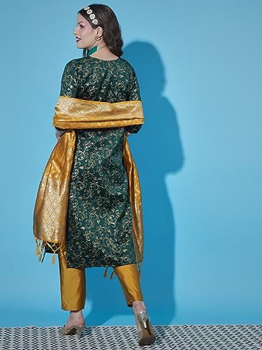 Image of VredeVogel Women's Cotton Silk Jacquard Kurta Pant Set with Banarasi Woven Self Designed Dupatta
