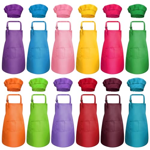 Juego de 12 delantales y gorro de chef para niños, delantales ajustables con 2 bolsillos, delantales de cocina para niños y niñas, delantales de pintura coloridos a granel para cocina, cocina,