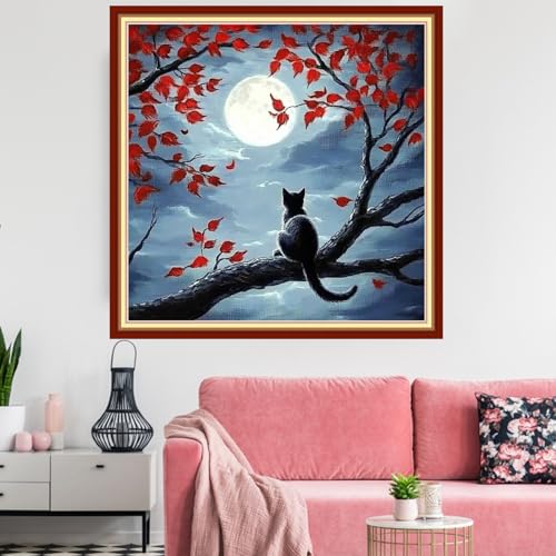 Image of Redxing Stamped Cross Stitch Kits Embroidery kit for Beginners Adults Full Range of Embroidery Patterns Starter Kits DIY Printed Cross Stitch Kits Needlepoint Kits 11CT-Cat Admiring Moon 18x18 inchs
