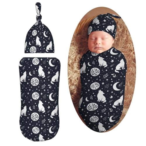 Image of Boho Wolf Newborn Swaddle Blankets Hat Sets Soft Baby Receiving Blanket Swaddle for Baby Shower Infant Boy Girl Gift